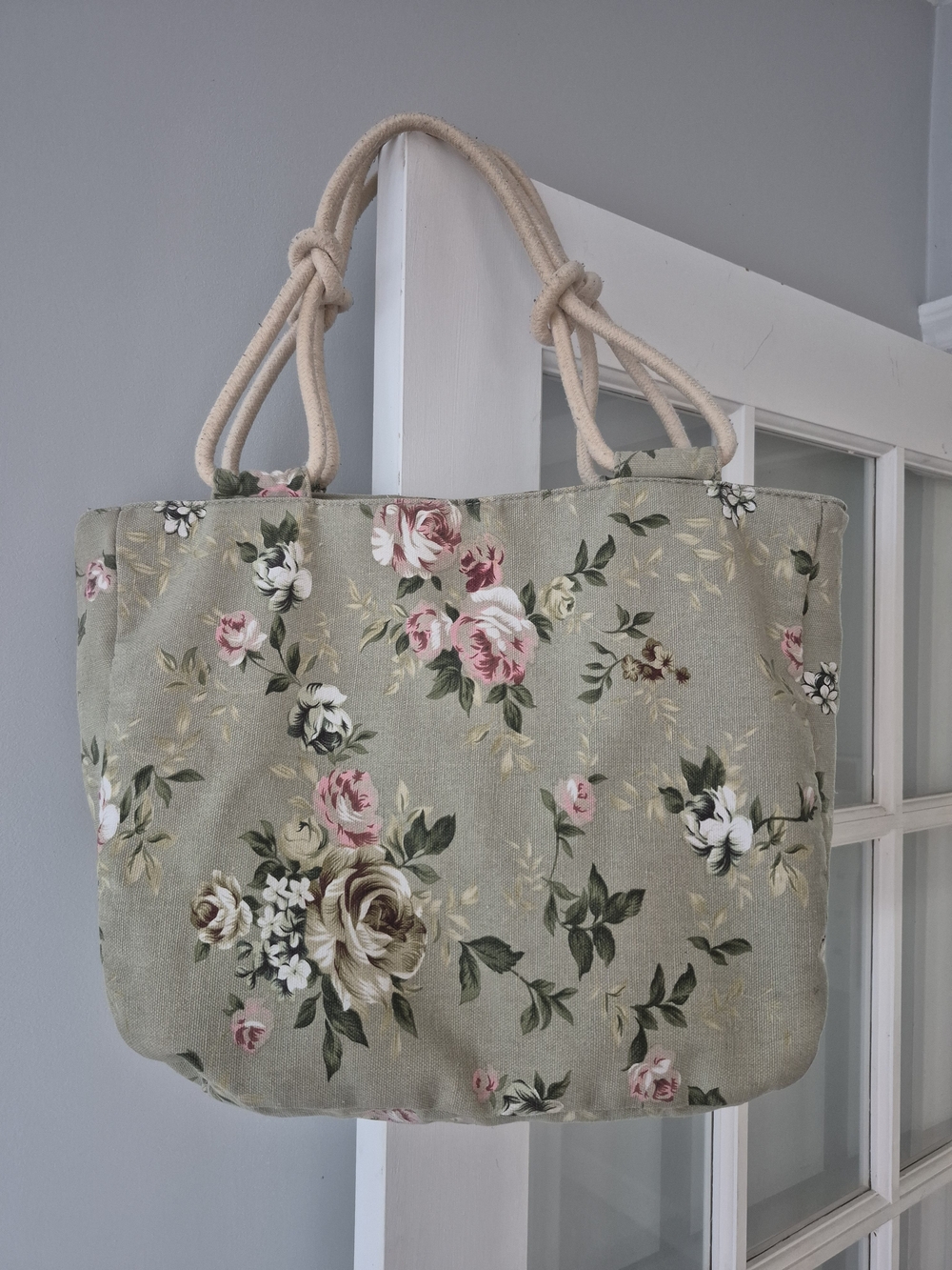 Farmhouse Is My Style Sage Green Floral Canvas Tote Bag Rope Handles